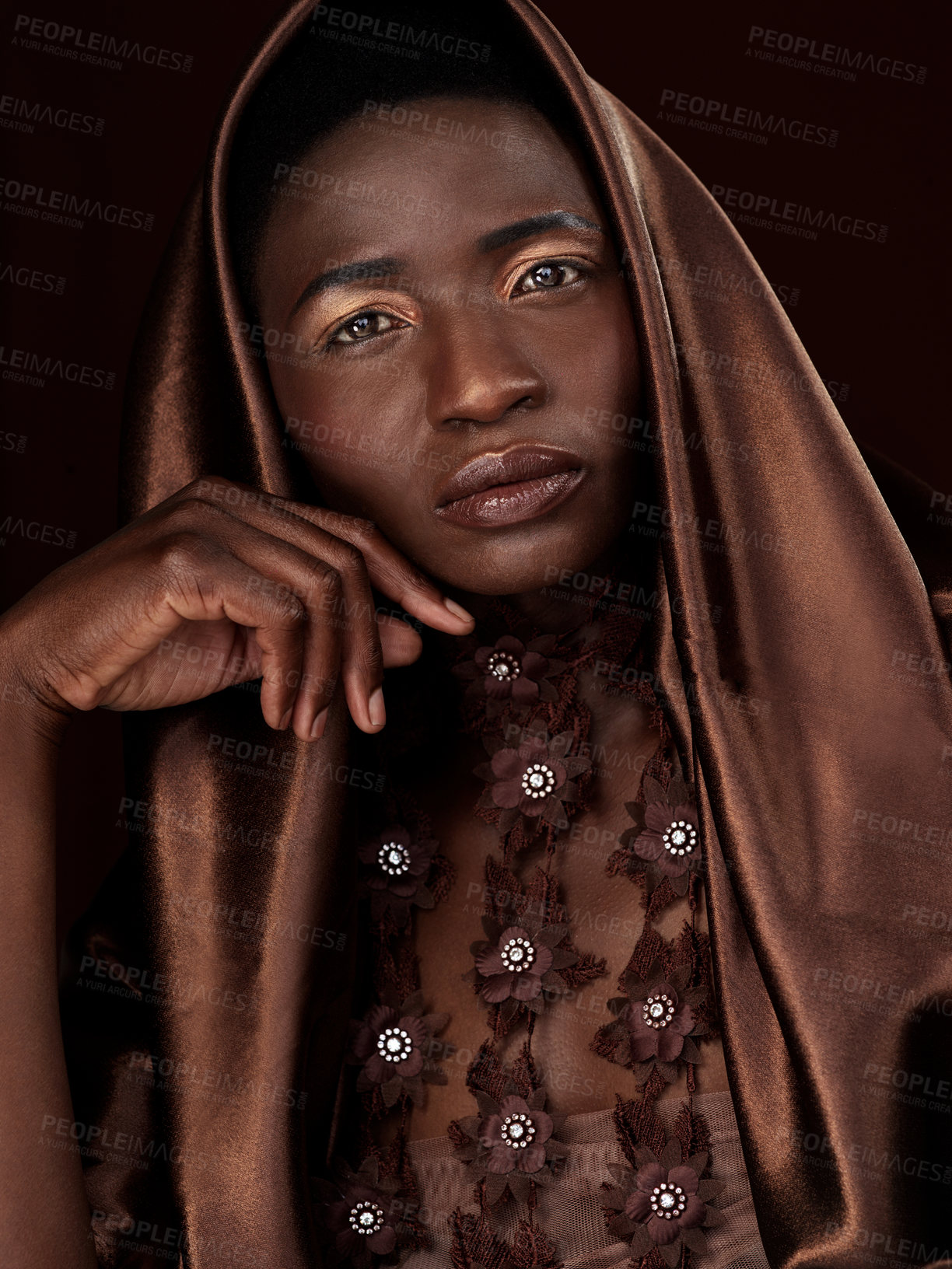 Buy stock photo Portrait, makeup and confident black woman in scarf for culture isolated on dark studio background. Face, cosmetics or serious African model in traditional shawl for beauty, skin and fashion in Kenya