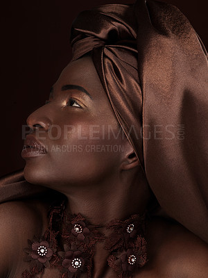 Buy stock photo Profile, black woman and beauty with fashion for in studio with makeup for cosmetic in confidence. African, queen and skincare with natural style inspiration for event with ethical brands for model