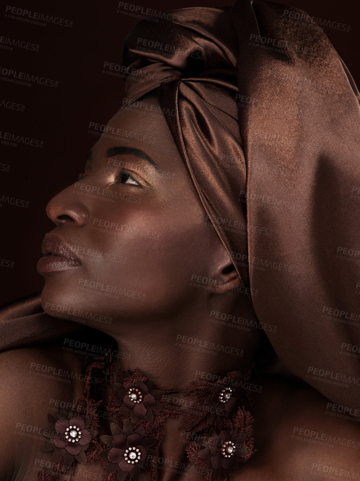 Buy stock photo Profile, black woman and beauty with fashion for in studio with makeup for cosmetic in confidence. African, queen and skincare with natural style inspiration for event with ethical brands for model