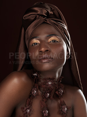 Buy stock photo Black woman, fashion and makeup with traditional african clothes, pride for heritage on dark studio background. Portrait, face and female model with headband and confidence for culture expression