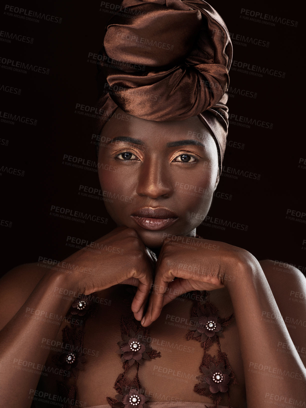 Buy stock photo Portrait, African wrap and lady in studio for skincare, natural beauty and makeup on dark background. Cosmetics, confidence and black woman with traditional head scarf for glow, glamour and culture