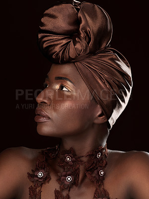 Buy stock photo African, profile or woman with makeup, turban or necklace in studio on black background in Ghana. Skincare, face or model thinking of beauty, eyeshadow cosmetics and traditional fashion for culture