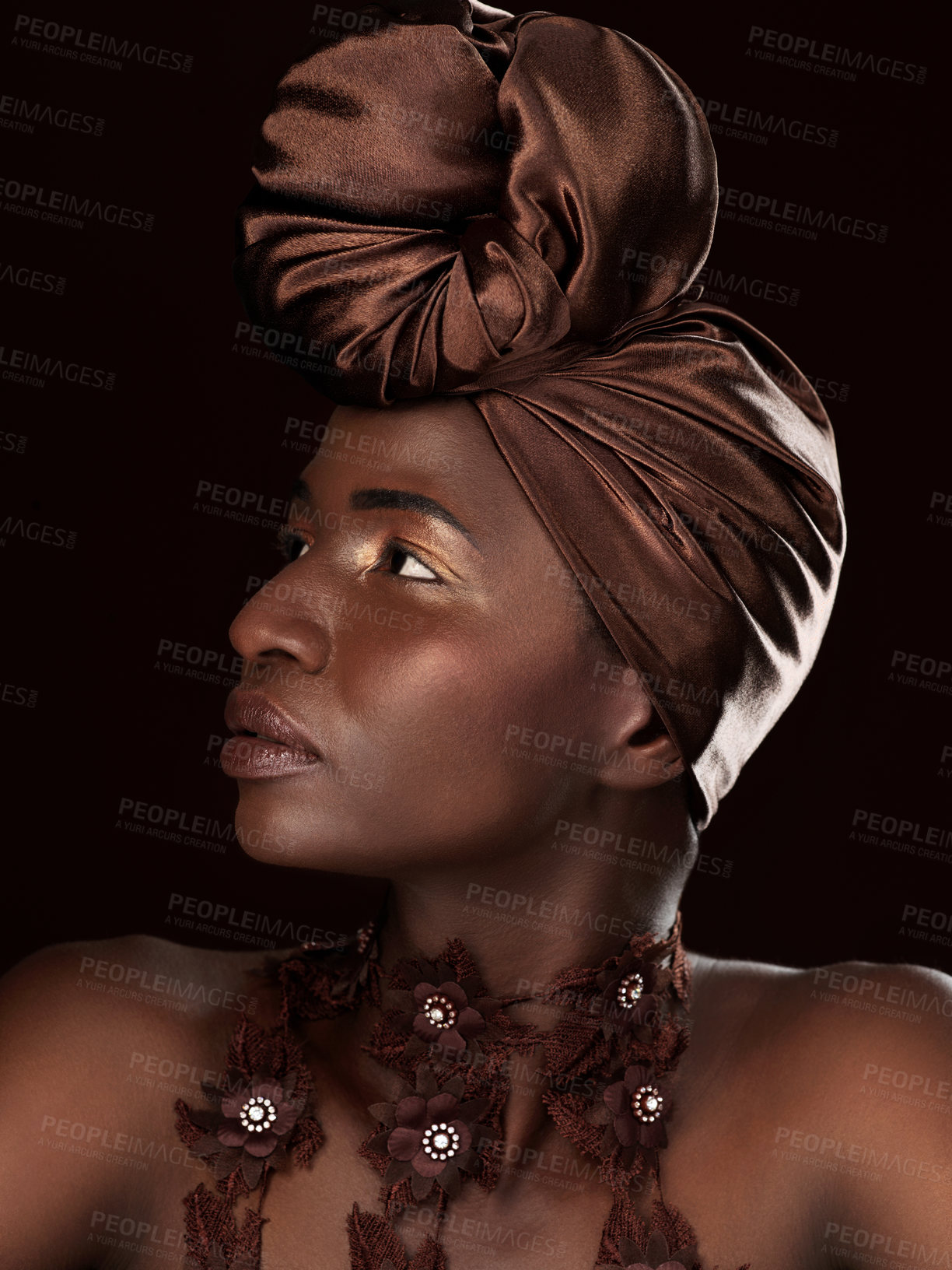 Buy stock photo African, profile or woman with makeup, turban or necklace in studio on black background in Ghana. Skincare, face or model thinking of beauty, eyeshadow cosmetics and traditional fashion for culture