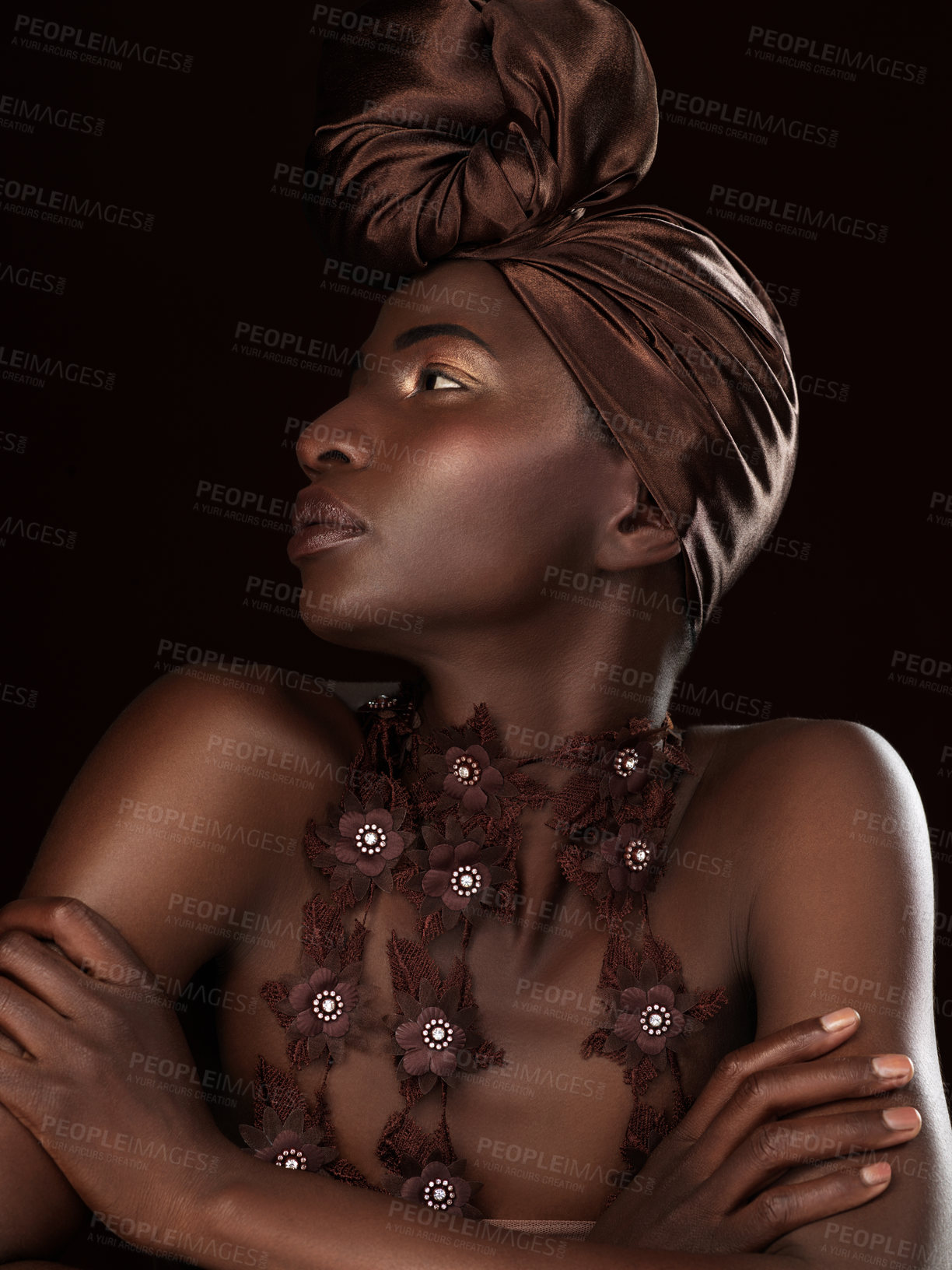 Buy stock photo African, profile or lady with makeup, turban or necklace in studio on black background in Ghana. Skincare, model or woman thinking of beauty, eyeshadow cosmetics and traditional fashion for culture