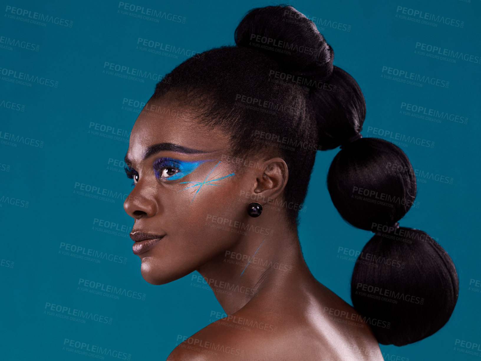 Buy stock photo Thinking, hair and makeup with a model black woman in studio on a blue background for beauty. Idea, haircare and cosmetics with an attractive young female person at the salon for fashion or styling