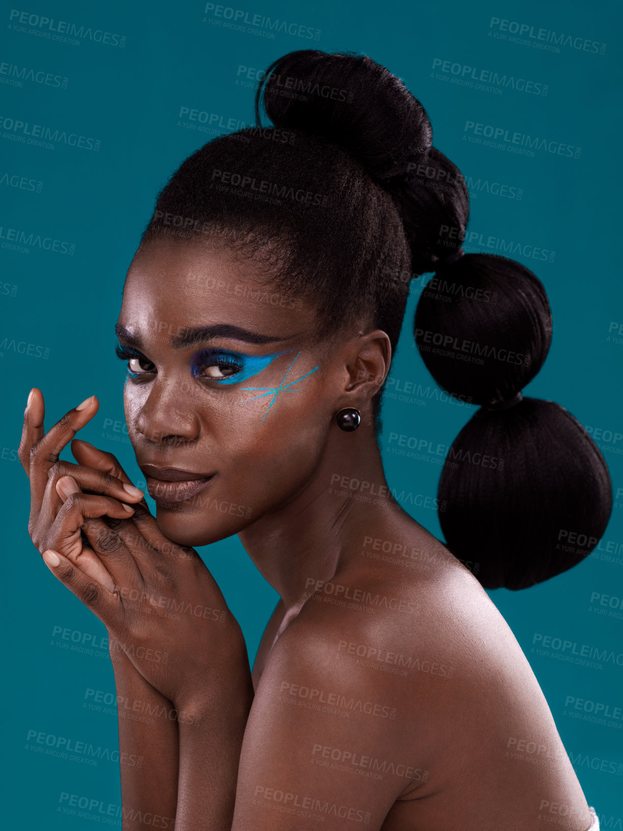 Buy stock photo Portrait, beauty and cosmetics with a model black woman in studio on a blue background for hair or fashion. Face, makeup and haircare with an attractive young female person posing for haircare