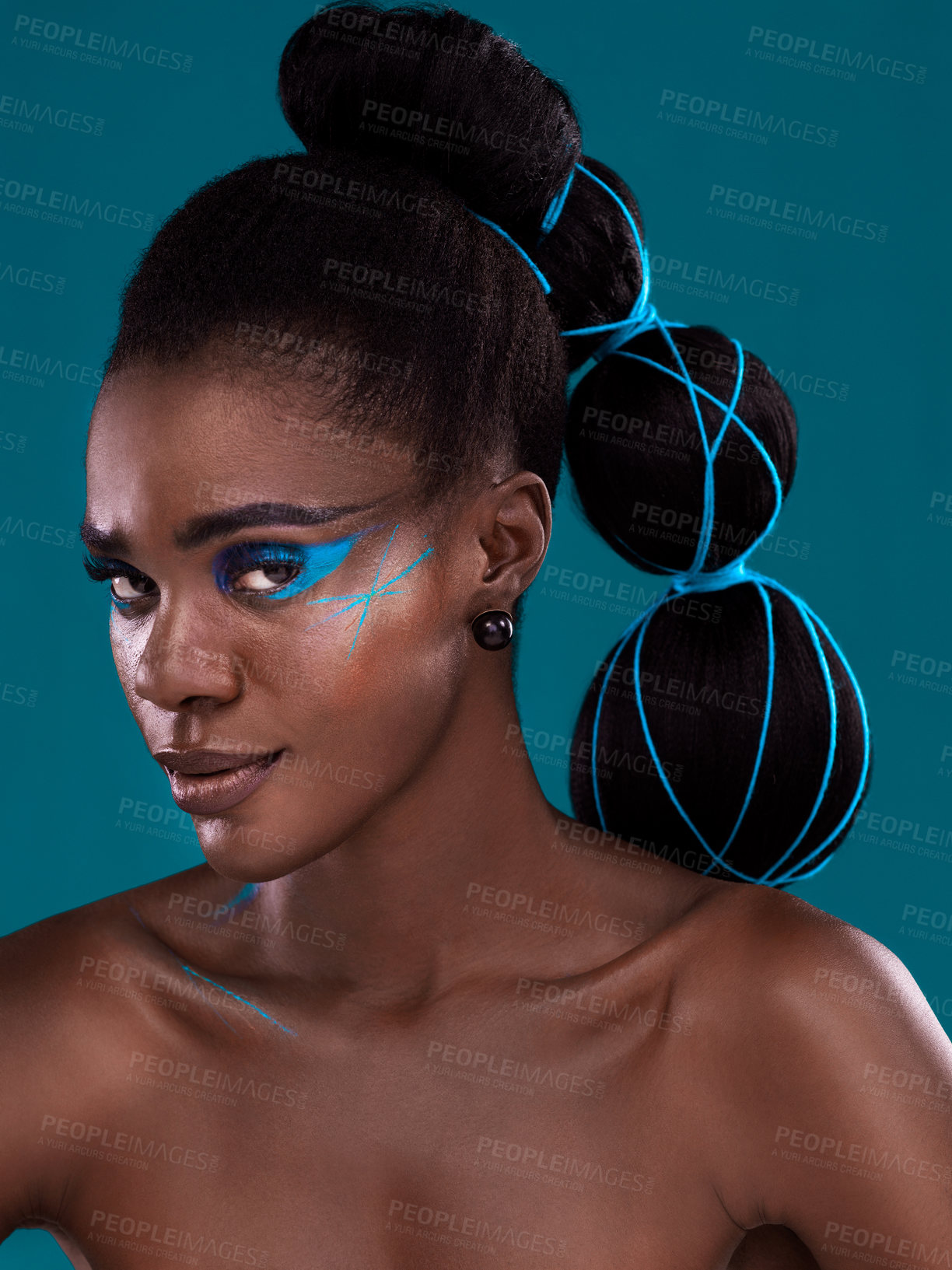 Buy stock photo Portrait, hair and makeup with an african woman model in studio on a blue background for haircare or fashion. Face, cosmetics and style with an attractive young female person posing for haircare