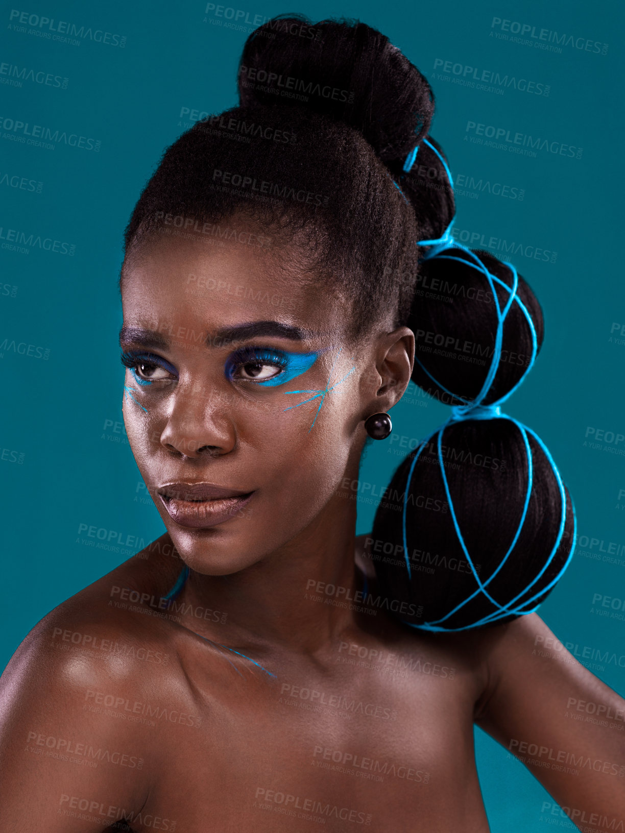 Buy stock photo Idea, beauty and cosmetics with a model african woman in studio on a blue background for hair or fashion. Face, makeup and idea with an attractive young female person posing for trendy haircare