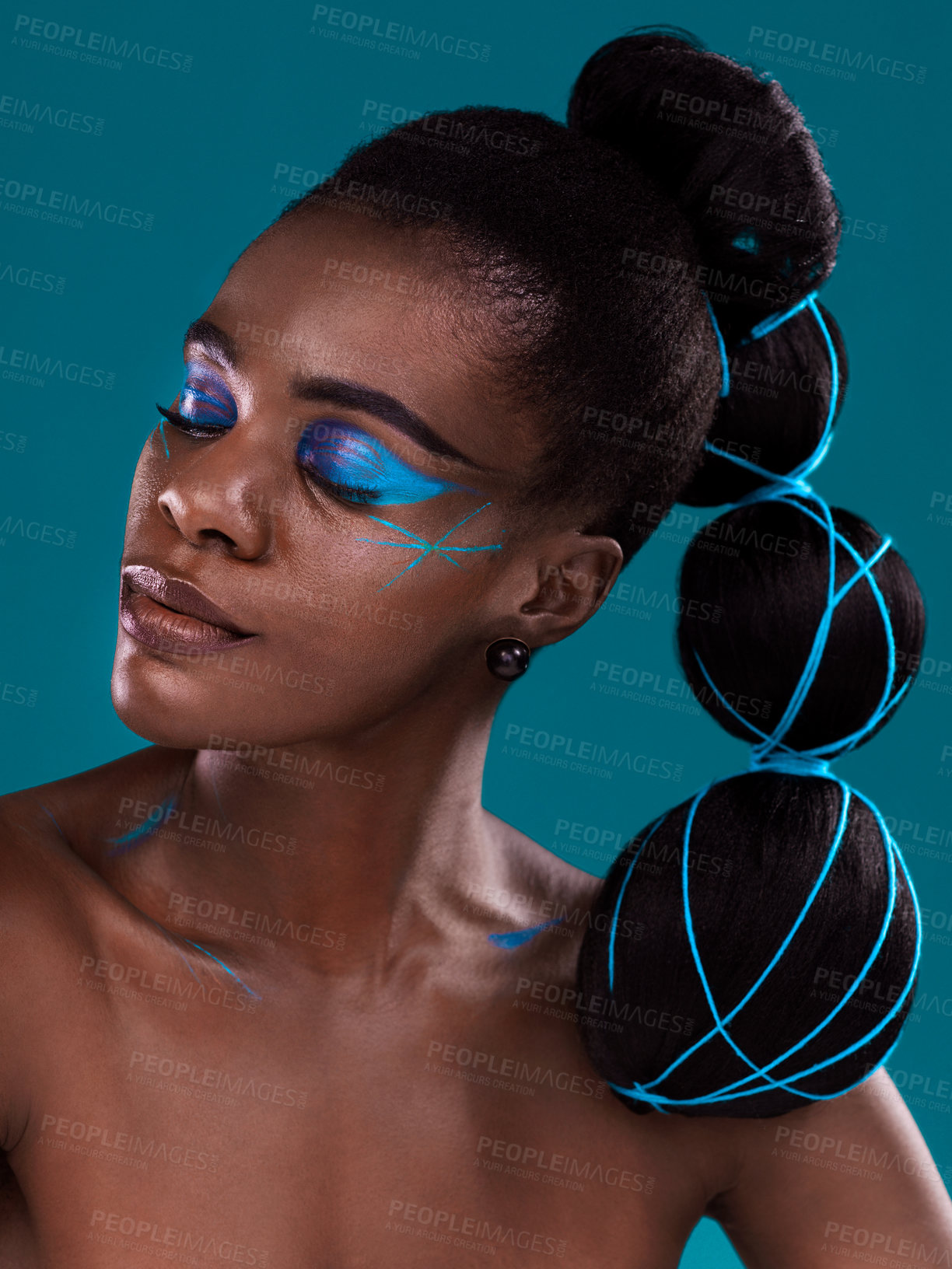 Buy stock photo Face, beauty and makeup with an african woman in studio on a blue background for hair or cosmetics. Eye shadow, haircare and fashion with an attractive young female model at the salon for style