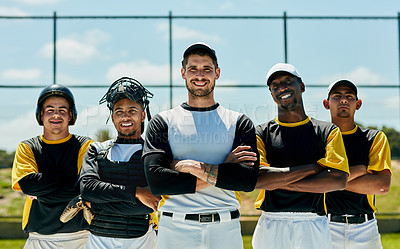 Buy stock photo Cropped portrait of a group of baseball players standing with their arms folded on the field during the day