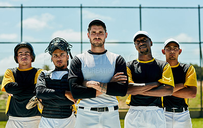 Buy stock photo Cropped portrait of a group of baseball players standing with their arms folded on the field during the day