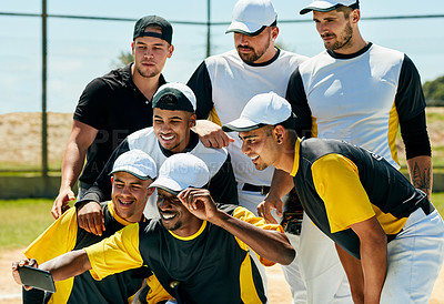 Buy stock photo Cropped shot of a team of young baseball players staking a selfie together while standing on the field during the day