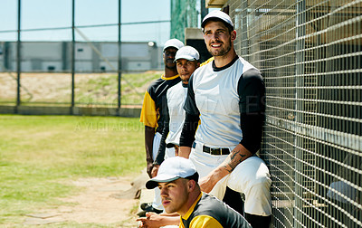 Buy stock photo Sports team, athlete and thinking with baseball field training for game challenge, outdoor exercise or workout. Collaboration, summer wellness and man in safety gear ready for practice in uniform