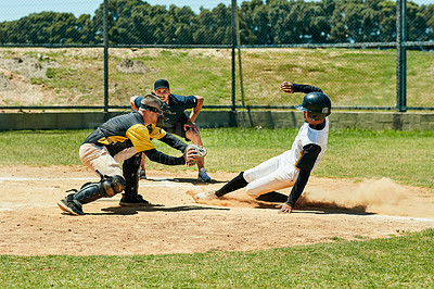 Buy stock photo Baseball, people and slide on field at base for run, score and intense match in summer. Team sport, energy and dirt in game for training, homerun and achievement in Texas stadium for tournament