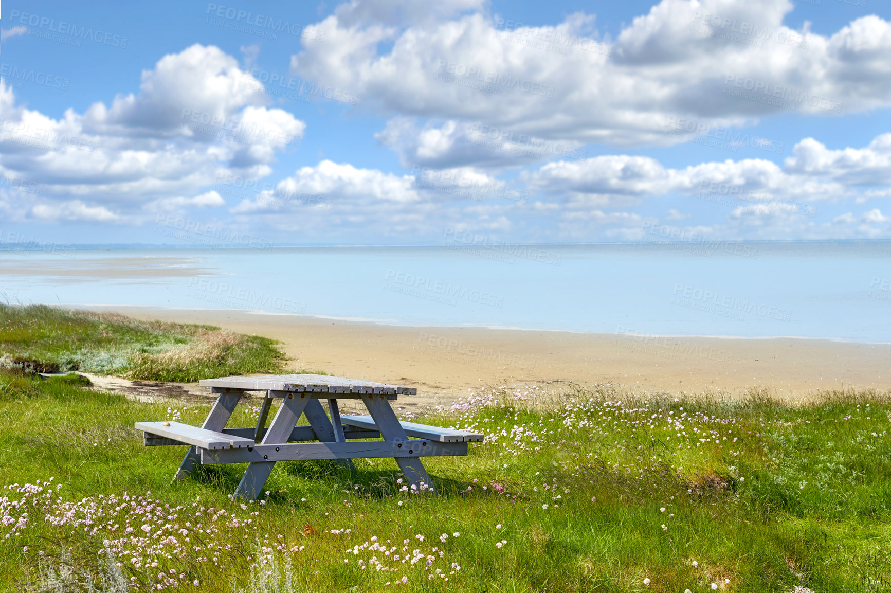Buy stock photo Bench and table by the East Coast of Jutland, Denmark