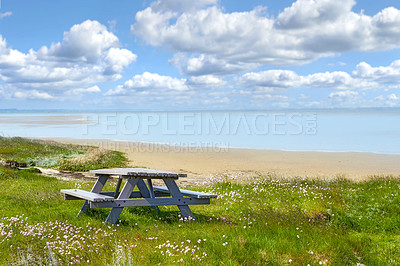 Buy stock photo Bench and table by the East Coast of Jutland, Denmark