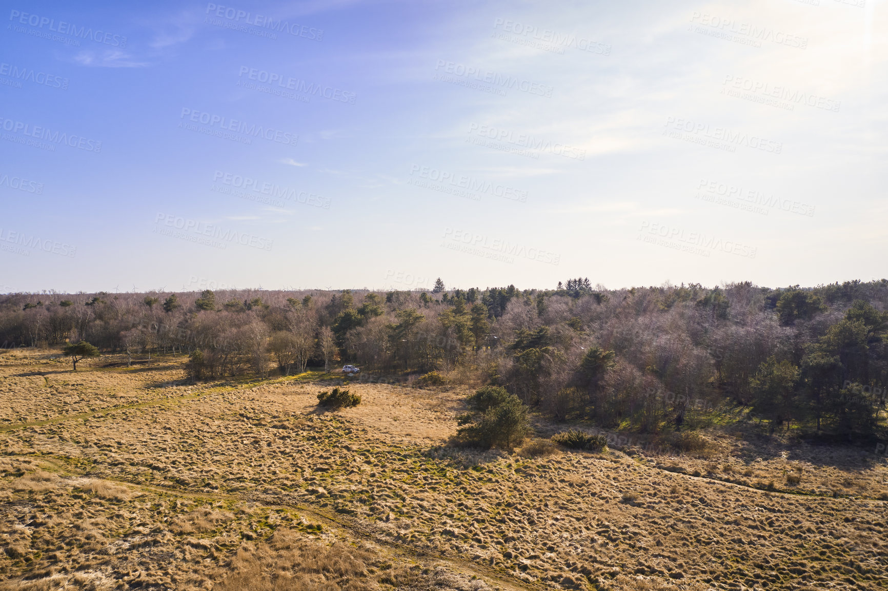 Buy stock photo Beautiful scenic autumn landscape of brown meadow, trees and bushes with a clear blue sky and copy space. Field with soil and dirt during the fall season. View of a remote countryside in Denmark