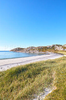 Buy stock photo Copyspace at the beach with blue sky background above the horizon. Calm ocean waves across an empty sea along the shore with a grassy meadow. A tranquil landscape for a relaxing summer holiday