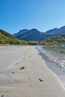 Buy stock photo Sea and ocean view of beach waves washing onto empty and relaxing public seashore with forest and mountains background in Norway. Seascape with blue sky and copy space of calm, arctic and polar water