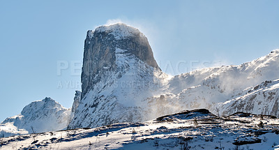 Buy stock photo Mountain landscape with snow in the city of Bodoe and its surroundings in the North of the Polar Circle. Scenic view of glacier hills against a blue sky. Nature and natural landmark for tourism