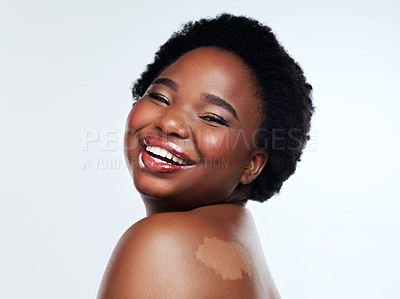 Buy stock photo Portrait, makeup and black woman with cosmetics, dermatology and luxury on white studio background. African person, face and model with natural beauty, self care and birthmark with shine or glow