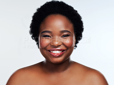 Buy stock photo Portrait, skincare and black woman with cosmetics, shine and luxury on white studio background. African person, face and model with natural beauty, pigmentation and birthmark with dermatology or glow