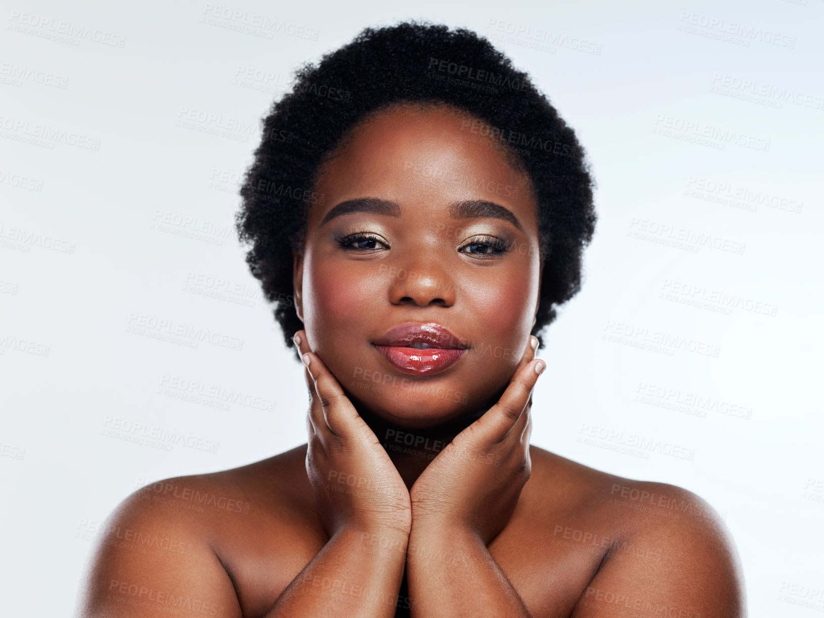 Buy stock photo Portrait, skincare and black woman with shine, dermatology and luxury on white studio background. African person, face and model with beauty, healthy skin and smooth with cosmetics, wellness or glow