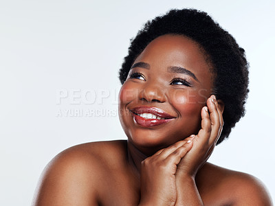 Buy stock photo Hands, black woman and thinking for beauty, skincare and cosmetics on white background. Studio, afro and makeup with glow for mockup and natural hairstyle, treatment and female person for self care 