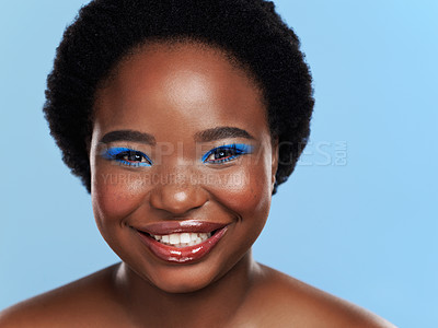 Buy stock photo Portrait, skincare and black woman with cosmetics, makeup and luxury on white studio background. African person, face and model with beauty, dermatology and smile with shine, creativity or glowing