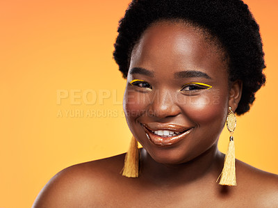 Buy stock photo Black woman, portrait and makeup for cosmetic and beauty, eyeliner and studio background. Skincare, natural and hairstyle or glow and salon treatment, female person, hair care and confidence selfcare