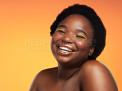 Buy stock photo Portrait, makeup and black woman with cosmetics, dermatology and luxury on yellow studio background. African person, face and model with beauty, pigmentation and birthmark with shine, funny or glow