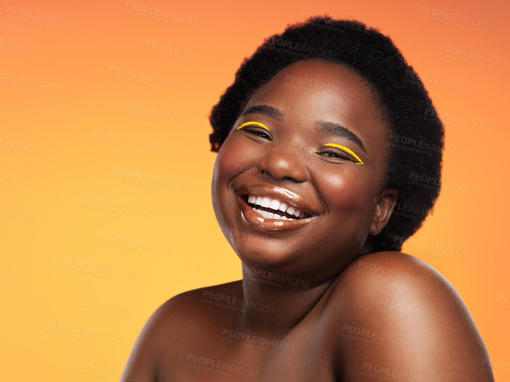 Buy stock photo Portrait, makeup and black woman with cosmetics, dermatology and luxury on yellow studio background. African person, face and model with beauty, pigmentation and birthmark with shine, funny or glow