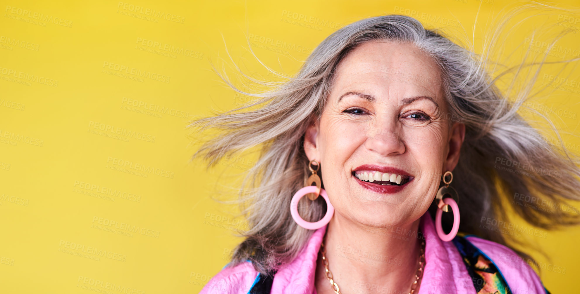 Buy stock photo Portrait, fashion and fun senior woman in studio with smile, confidence or relax on mockup space. Happy, face or trendy elderly person with cool style, positive attitude or pride on yellow background