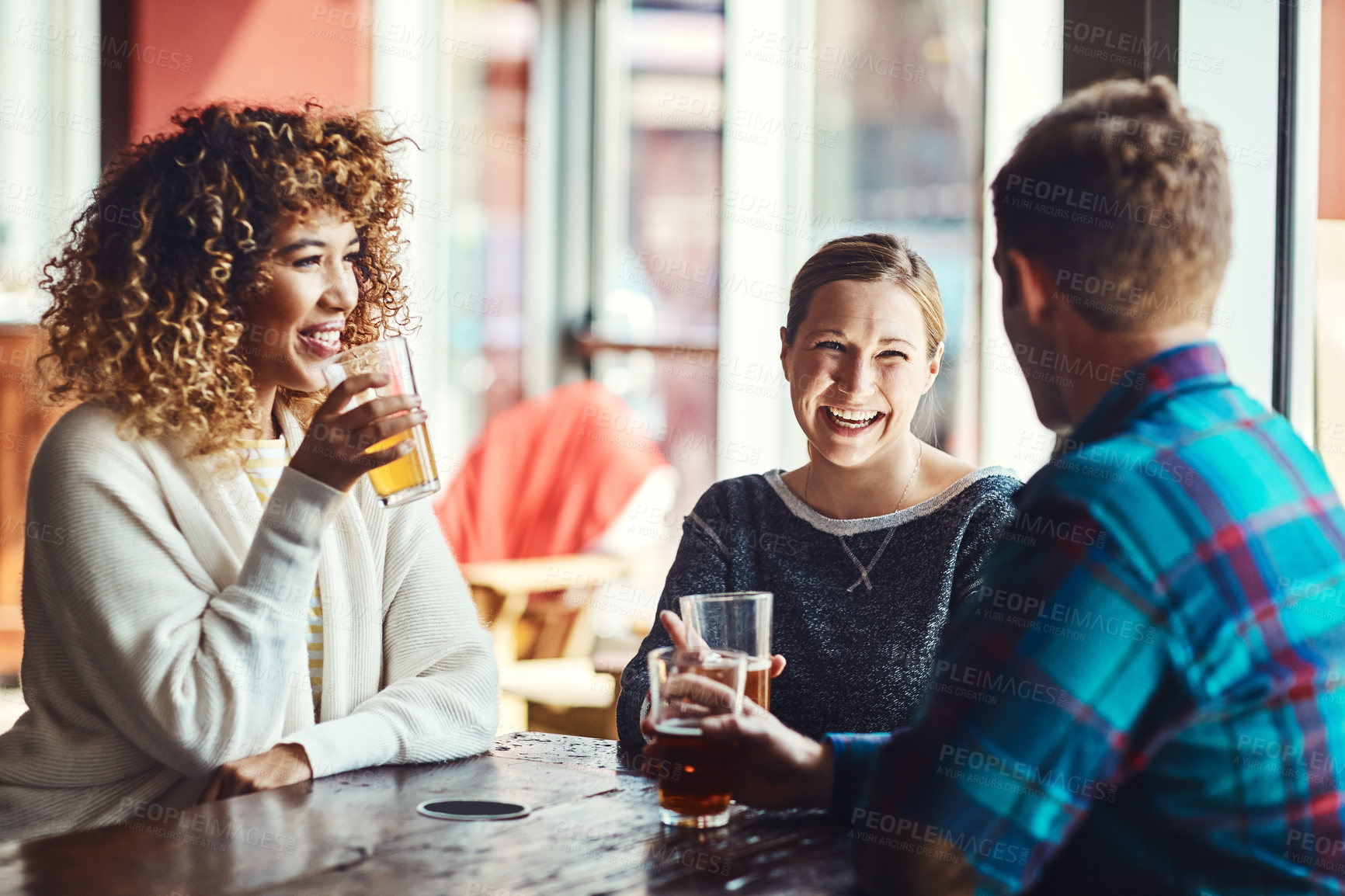 Buy stock photo Conversation, laugh and friends with beer in pub for social gathering, bonding and hangout on weekend. Relax, restaurant and man and woman with alcohol, drinks and beer for gossip, fun and happy hour