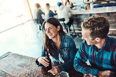 Buy stock photo Friends, beer and celebration in restaurant, social gathering and students with happiness, bonding together and relax. Cheerful, people and man with woman, alcohol and laughing with drinks and humor