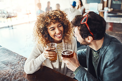 Buy stock photo Friends, beer and celebration with social gathering, cheers and students with happiness, bonding together and talk. Toast, reunion and man with woman, alcohol and relax with drinks, joy and cheerful