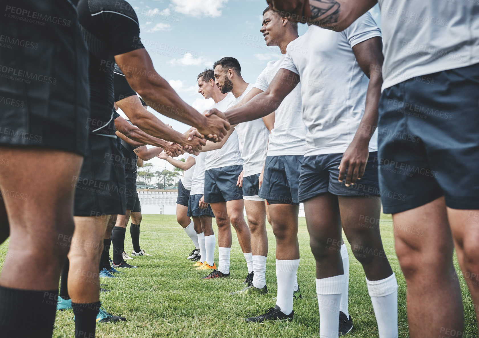 Buy stock photo Respect, rugby and handshake with men on field for stadium, sportsmanship and premiership league. Tradition, training and competition with people in club for tournament, games ceremony and teamwork