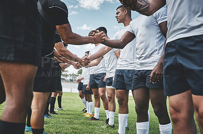 Buy stock photo Stadium, rugby and handshake with men on field for respect, sportsmanship and premiership league. Tradition, training and competition with people in club for tournament, games ceremony and teamwork