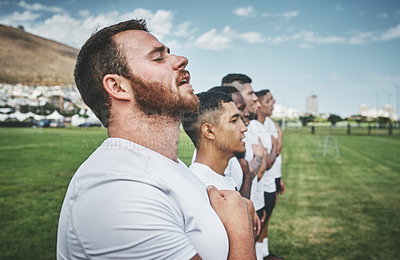 Buy stock photo Solidarity, rugby and anthem with men on field for stadium, sports and premiership league. Patriotism, athlete and competition with people in training club for tournament, games ceremony and teamwork