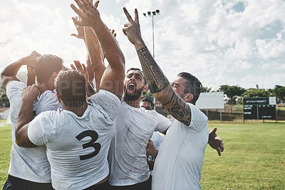 Buy stock photo Excited, rugby success or men in celebrate teamwork, match achievement or winning game. Champions, sports tournament competition or group of happy players in field or stadium for score, try or goals