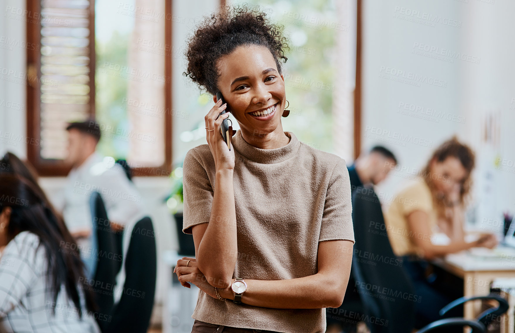 Buy stock photo Woman, phone call and portrait in office for news, campaign consultant and networking target audience. Female person, talking and online for public engagement research, plan and coworking workplace