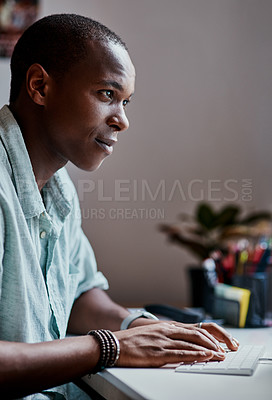 Buy stock photo Business, black man and computer for typing email, research or post production software at startup. Video editor, keyboard and working on project for social media, website or content creator editing