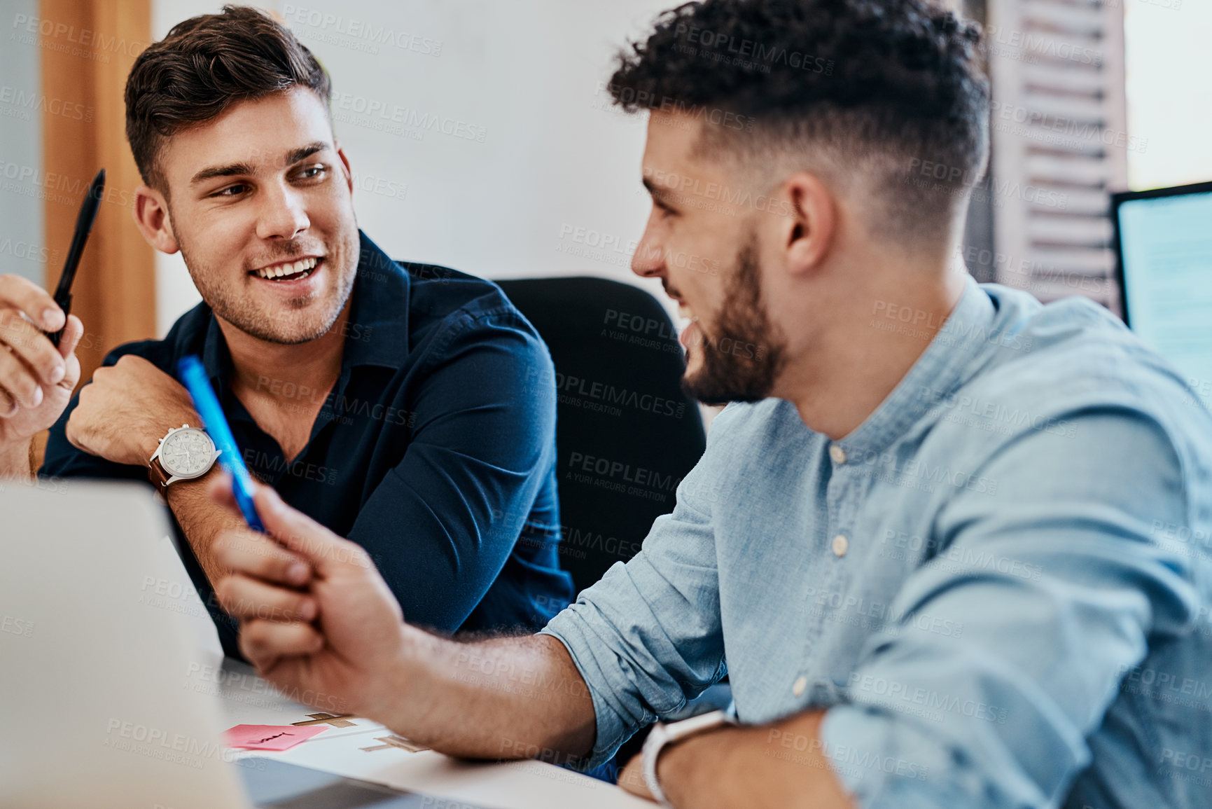 Buy stock photo Laugh, team and business men on laptop for brainstorming ideas or discussion at startup office. Collaboration, talking or creative director working on funny script for comedy show, joke or planning