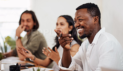 Buy stock photo Diversity, brainstorming and happy man in office for business meeting, teamwork and planning for project. People, smile and discussion in conference room for agenda, ideas and collaboration or career