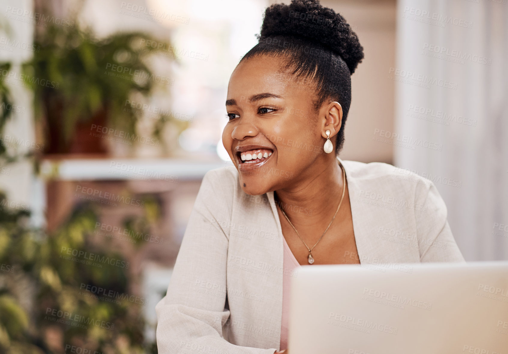 Buy stock photo Black woman, smile and laptop with thinking for business ideas, brainstorming and startup research in office. African entrepreneur, happy thoughts and computer for info, creative agency and planning