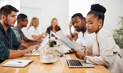 Buy stock photo Woman, meeting and documents in office for business, reading and teamwork for planning or project. People, company and discussion in conference room for agenda, ideas and collaboration for career