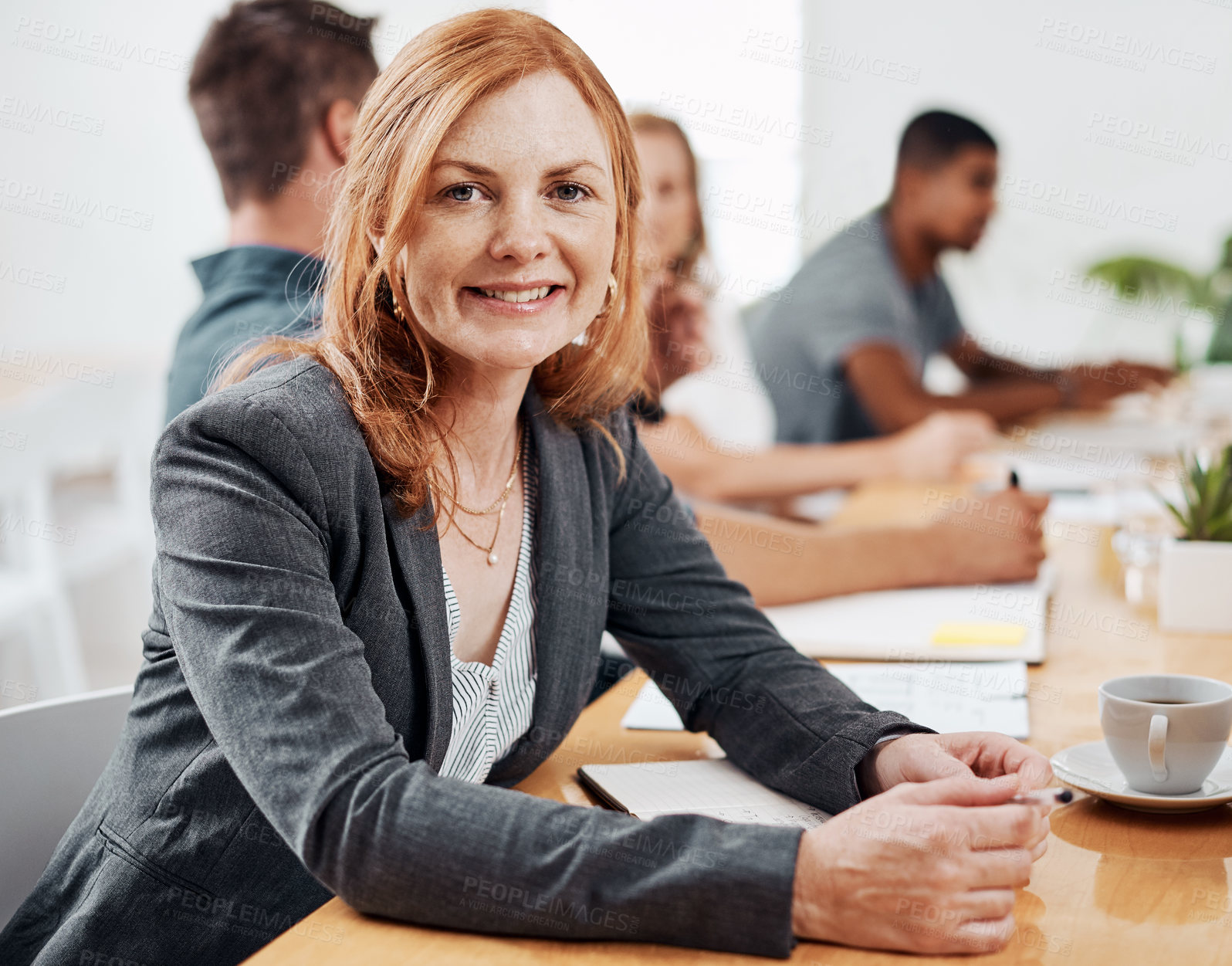 Buy stock photo Businesswoman, workshop and portrait with paperwork on desk for notes, event with information for economy. Female accountant, seminar and document on boardroom table for finance agenda or tradeshow