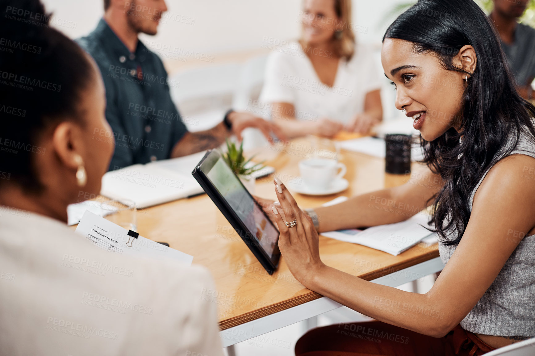 Buy stock photo Tablet, brainstorming and woman in office for business meeting, teamwork and planning for project. People, communication and technology in conference room for agenda, ideas and collaboration at desk