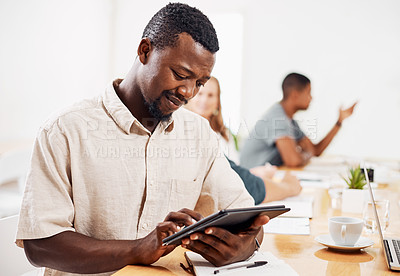 Buy stock photo Meeting, tablet and search with man in office for relevant document, information or confused at table. Team, tech or male intern in workshop with notes, research or learning on internet for knowledge