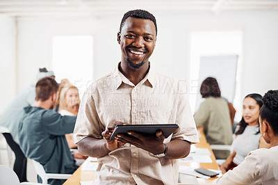 Buy stock photo Employee, man and happy with tablet in office for meeting, brainstorming and strategy. Diversity, confidence and smile on portrait in boardroom for teamwork, collaboration and online research